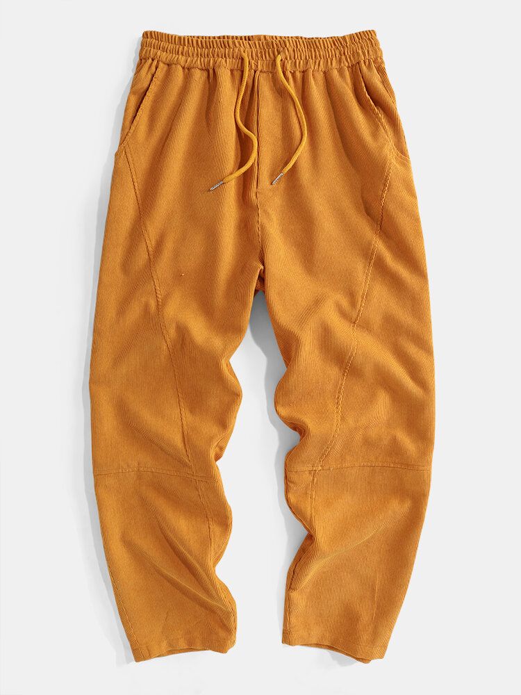 Pantalones Holgados Con Cordón De Varios Bolsillos De Pana De Color Sólido Para Hombre