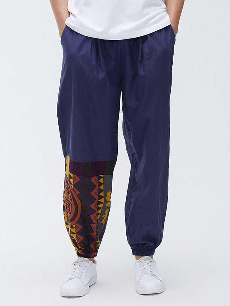 Pantalones Jogger Casuales Sueltos Con Patchwork Geométrico De Algodón Para Hombre