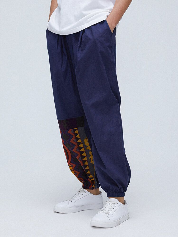 Pantalones Jogger Casuales Sueltos Con Patchwork Geométrico De Algodón Para Hombre