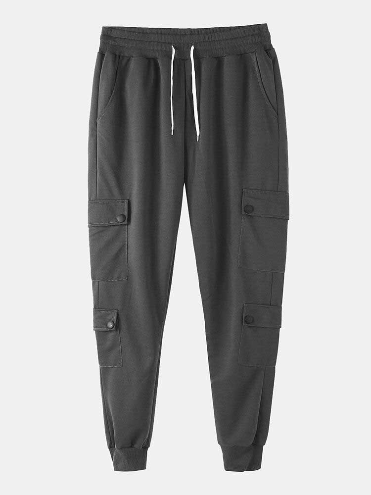 Pantalones Jogger De Cintura Elástica Con Cordón Sólido De Algodón Para Hombre Con Múltiples Bolsillos