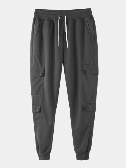 Pantalones Jogger De Cintura Elástica Con Cordón Sólido De Algodón Para Hombre Con Múltiples Bolsillos