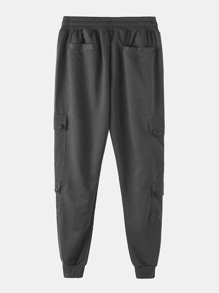 Pantalones Jogger De Cintura Elástica Con Cordón Sólido De Algodón Para Hombre Con Múltiples Bolsillos