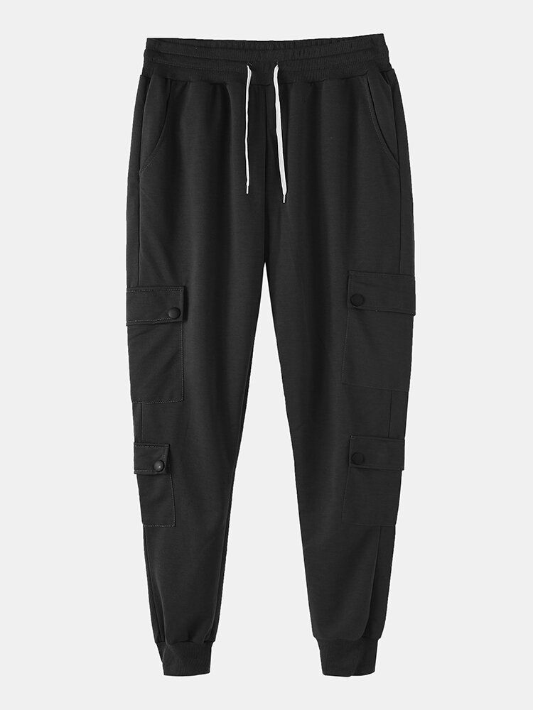 Pantalones Jogger De Cintura Elástica Con Cordón Sólido De Algodón Para Hombre Con Múltiples Bolsillos