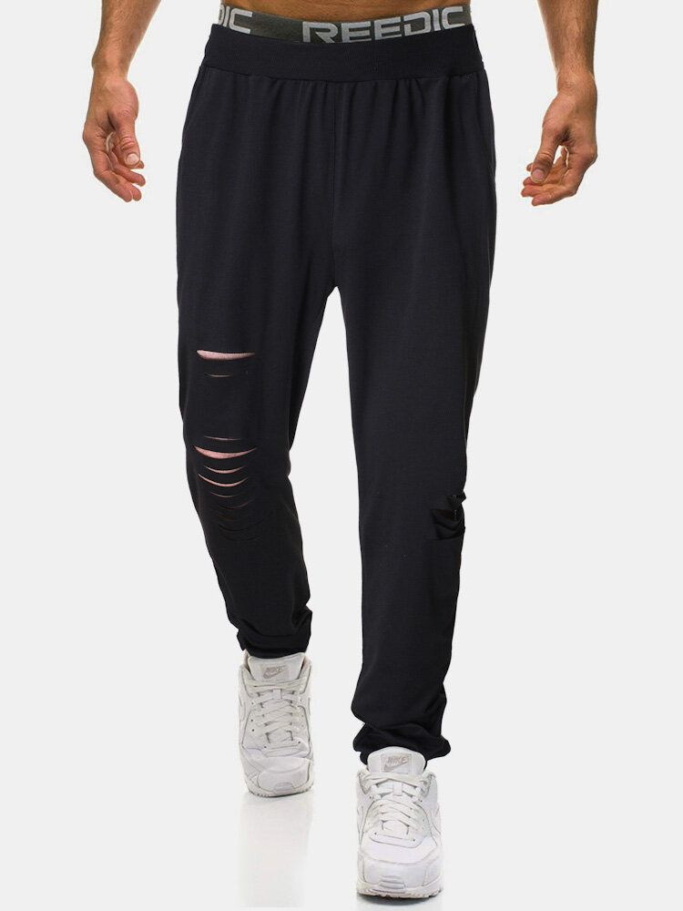 Pantalones Jogger Negros Con Cordón Rasgado De Algodón Para Hombre Con Bolsillo