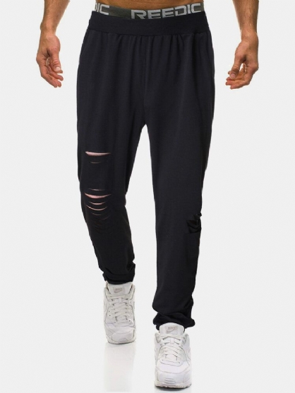 Pantalones Jogger Negros Con Cordón Rasgado De Algodón Para Hombre Con Bolsillo