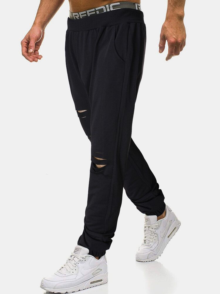 Pantalones Jogger Negros Con Cordón Rasgado De Algodón Para Hombre Con Bolsillo