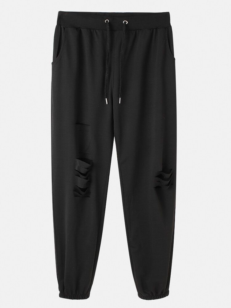 Pantalones Jogger Negros Con Cordón Rasgado De Algodón Para Hombre Con Bolsillo