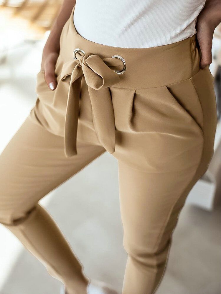 Pantalones De Lápiz De Corte Regular Informal Plisados Con Cordones De Color Sólido Para Mujer