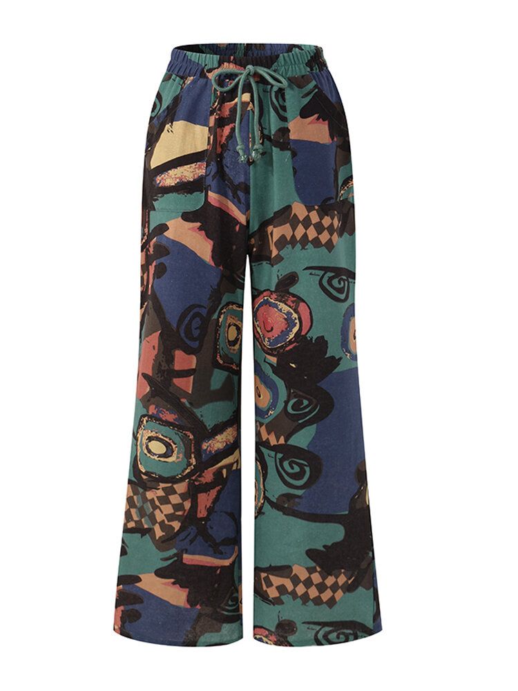 Pantalones Largos De Cintura Suelta Con Cordón Suelto Informal De Algodón Con Estampado Floral Para Mujer