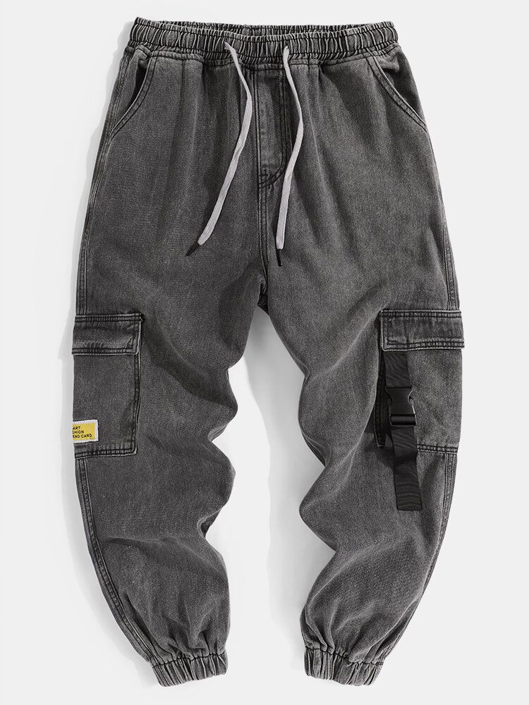 Pantalones De Mezclilla Cargo Con Cordón De Tobillo Elástico De Algodón Con Múltiples Bolsillos Y Apliques Para Hombre