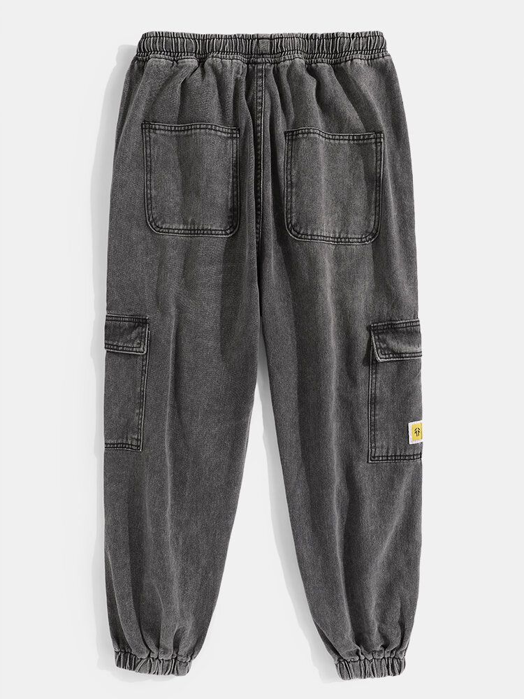 Pantalones De Mezclilla Cargo Con Cordón De Tobillo Elástico De Algodón Con Múltiples Bolsillos Y Apliques Para Hombre