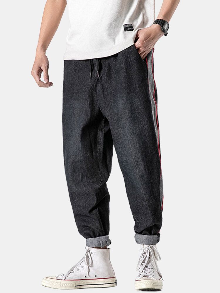 Pantalones De Mezclilla Con Cordón De Algodón Con Ribetes Laterales En Contraste Para Hombre