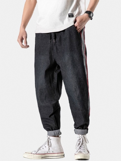 Pantalones De Mezclilla Con Cordón De Algodón Con Ribetes Laterales En Contraste Para Hombre