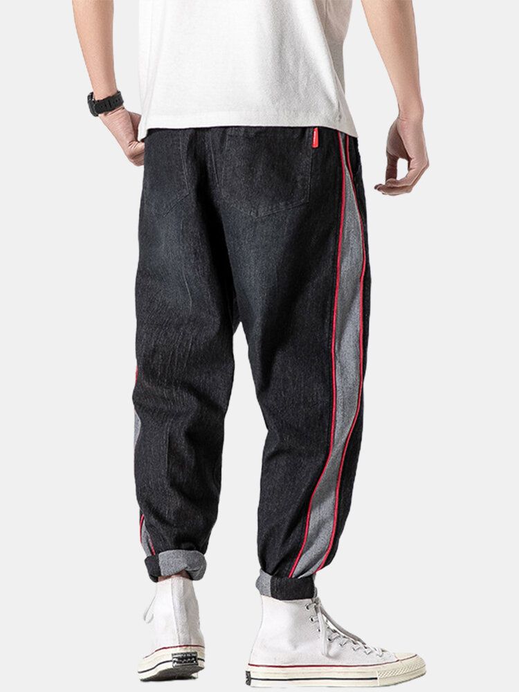 Pantalones De Mezclilla Con Cordón De Algodón Con Ribetes Laterales En Contraste Para Hombre