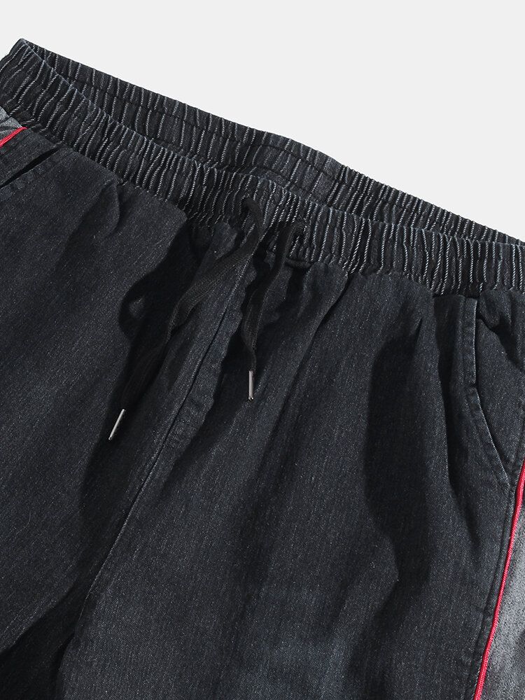 Pantalones De Mezclilla Con Cordón De Algodón Con Ribetes Laterales En Contraste Para Hombre