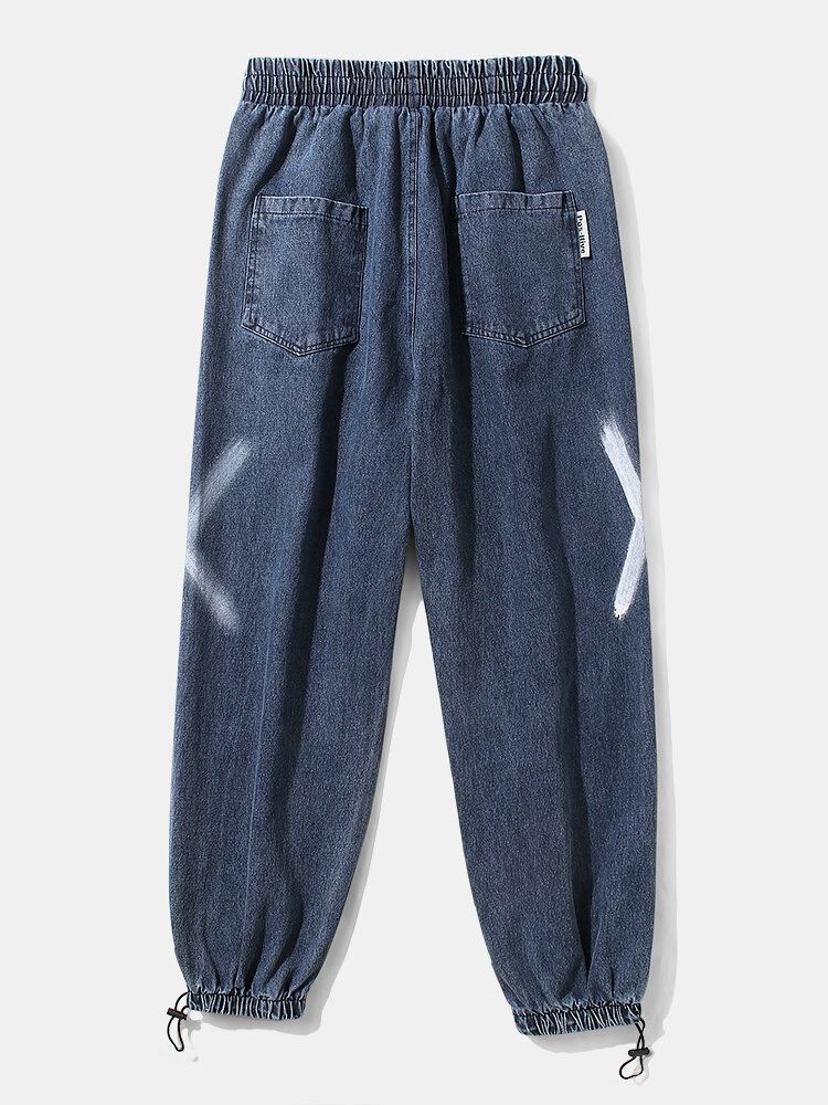 Pantalones De Mezclilla Con Puños Con Cordón Informal Y Apliques Estampados En X Para Hombre Con Bolsillo