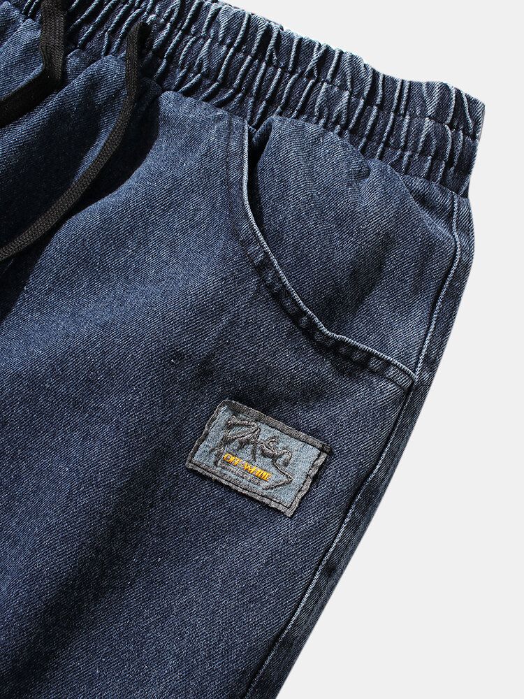 Pantalones De Mezclilla Con Puños Con Cordón Informal Y Apliques Estampados En X Para Hombre Con Bolsillo