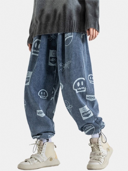 Pantalones De Mezclilla Con Puños Con Cordón Y Estampado De Muecas De Dibujos Animados Para Hombre