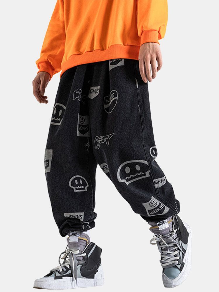 Pantalones De Mezclilla Con Puños Con Cordón Y Estampado De Muecas De Dibujos Animados Para Hombre