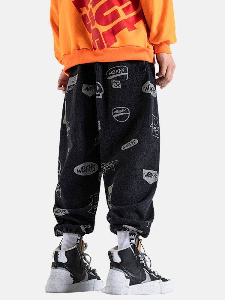 Pantalones De Mezclilla Con Puños Con Cordón Y Estampado De Muecas De Dibujos Animados Para Hombre