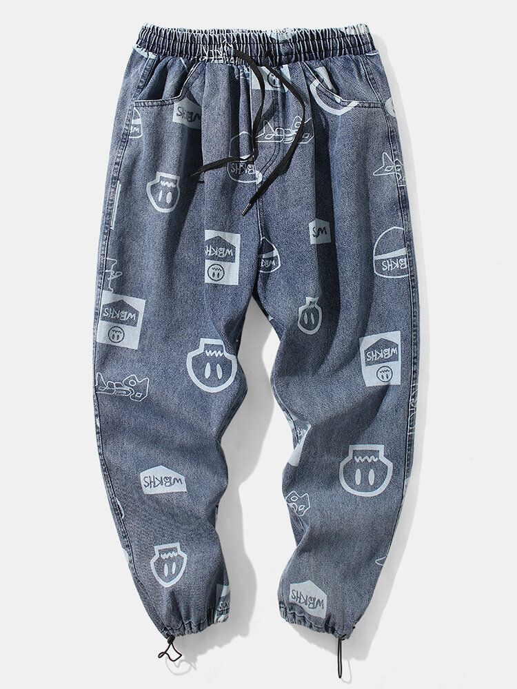 Pantalones De Mezclilla Con Puños Con Cordón Y Estampado De Muecas De Dibujos Animados Para Hombre