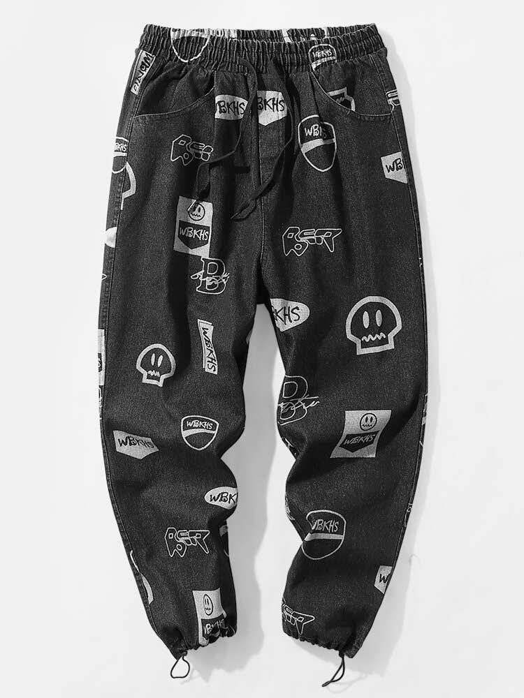 Pantalones De Mezclilla Con Puños Con Cordón Y Estampado De Muecas De Dibujos Animados Para Hombre