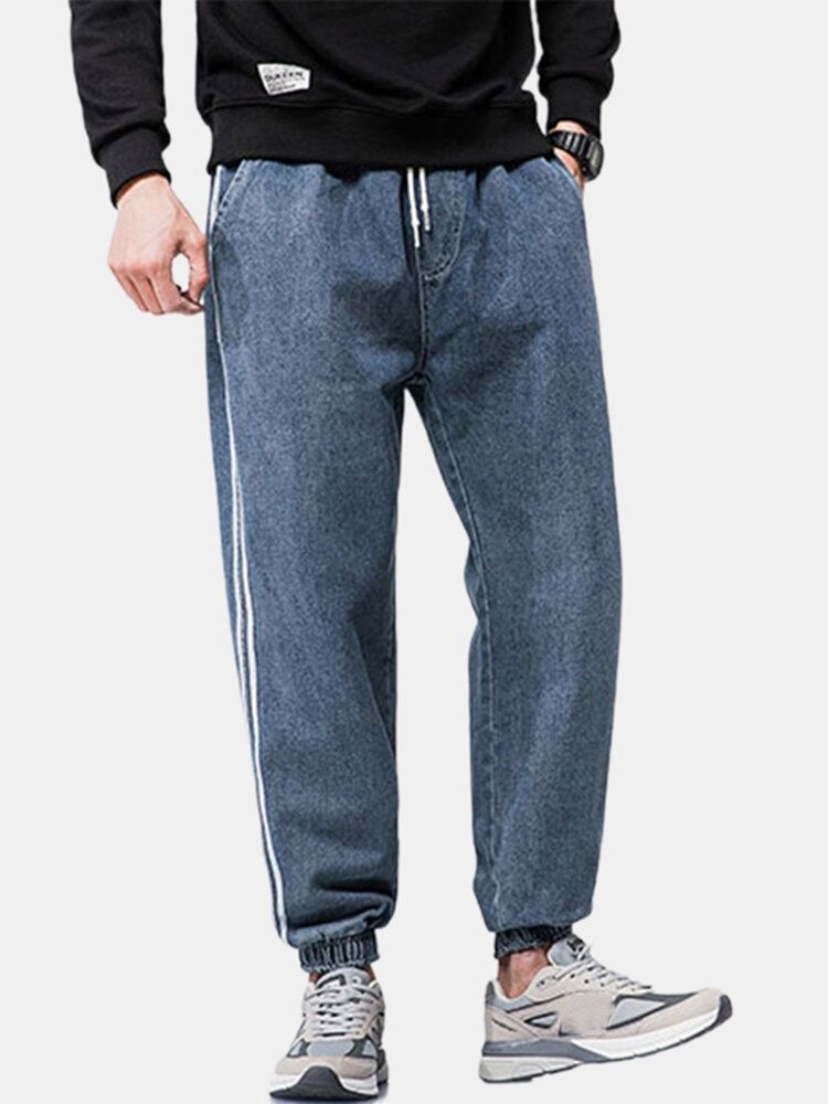 Pantalones De Mezclilla Elásticos Lavados Al Tobillo Con Cordón Informal De Rayas Laterales Para Hombre Con Bolsillo