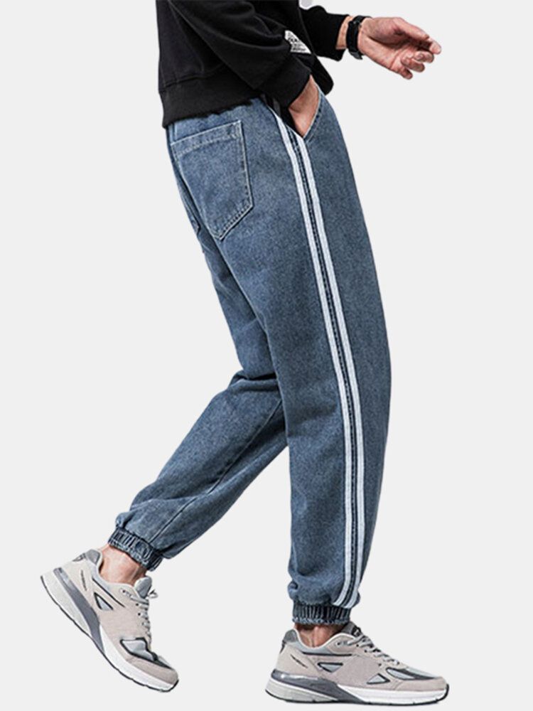 Pantalones De Mezclilla Elásticos Lavados Al Tobillo Con Cordón Informal De Rayas Laterales Para Hombre Con Bolsillo