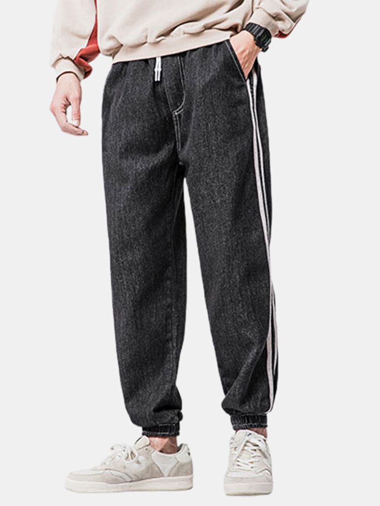 Pantalones De Mezclilla Elásticos Lavados Al Tobillo Con Cordón Informal De Rayas Laterales Para Hombre Con Bolsillo