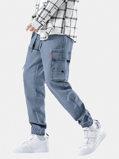 Pantalones De Mezclilla Elásticos De Tobillo Con Cordón De Estilo Cargo De Algodón Para Hombre Con Múltiples Bolsillos