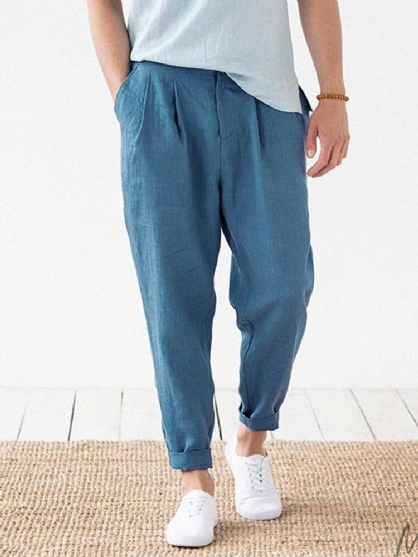 Pantalones De Mosca Con Cremallera Informal De Color Sólido 100% Algodón Para Hombre Con Bolsillo