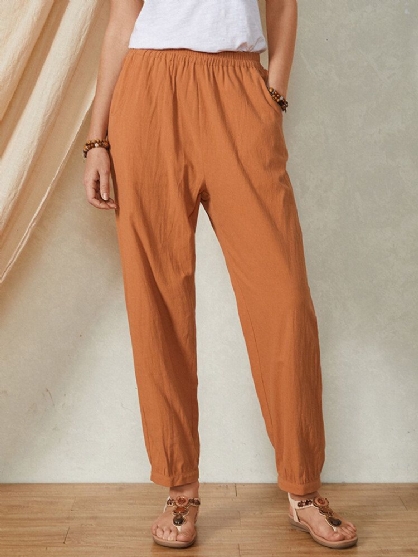 Pantalones De Mujer De Algodón Casual Con Cintura Elástica De Color Liso Liso