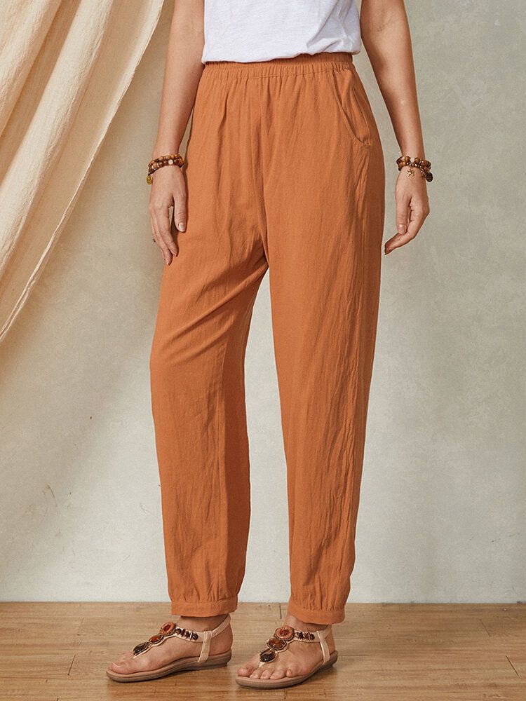 Pantalones De Mujer De Algodón Casual Con Cintura Elástica De Color Liso Liso