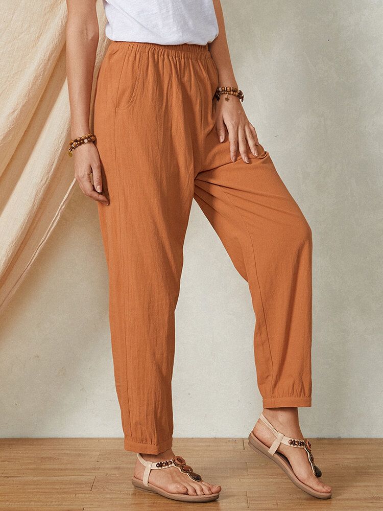 Pantalones De Mujer De Algodón Casual Con Cintura Elástica De Color Liso Liso