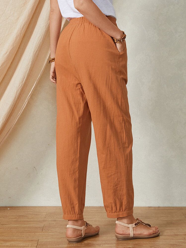 Pantalones De Mujer De Algodón Casual Con Cintura Elástica De Color Liso Liso