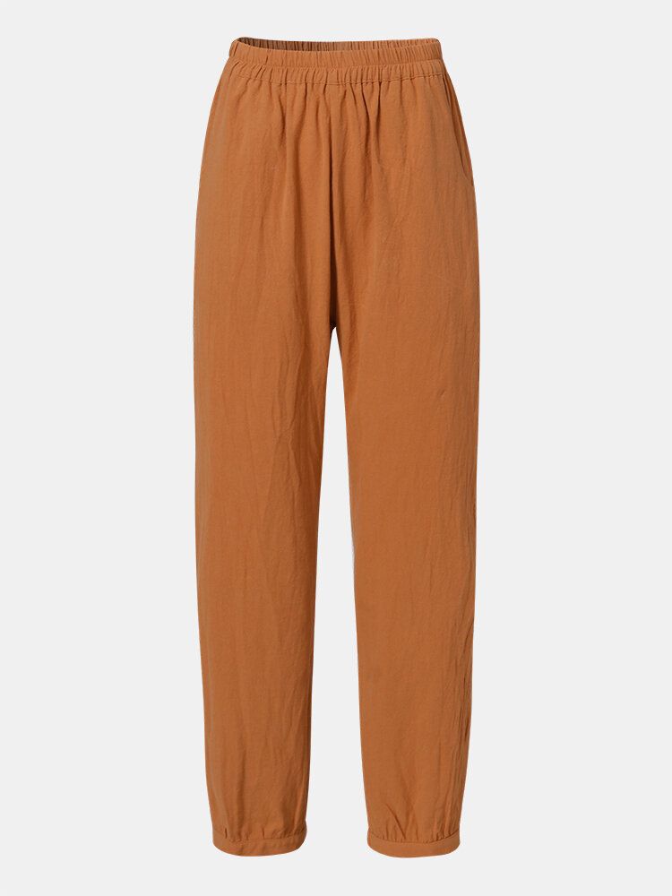 Pantalones De Mujer De Algodón Casual Con Cintura Elástica De Color Liso Liso