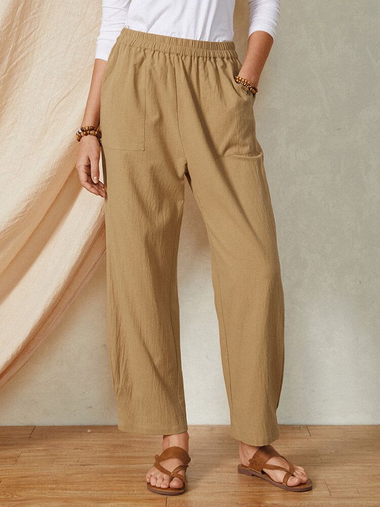 Pantalones De Mujer De Algodón Casual Con Cintura Elástica De Color Sólido