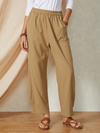 Pantalones De Mujer De Algodón Casual Con Cintura Elástica De Color Sólido