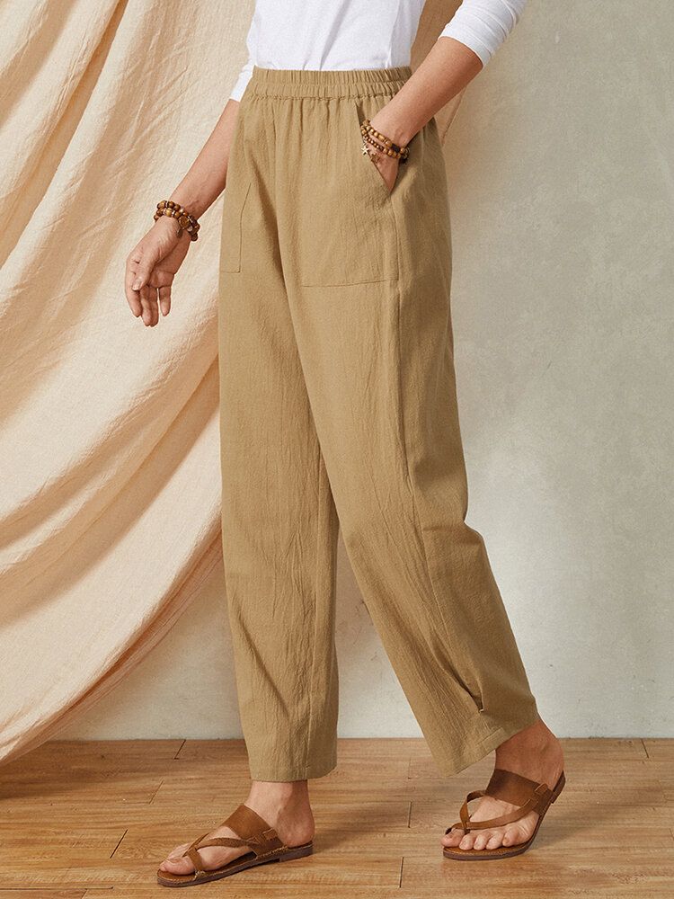 Pantalones De Mujer De Algodón Casual Con Cintura Elástica De Color Sólido