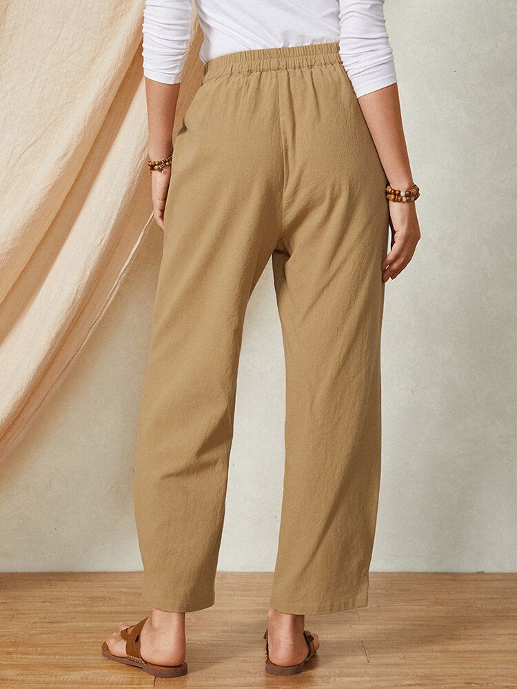 Pantalones De Mujer De Algodón Casual Con Cintura Elástica De Color Sólido