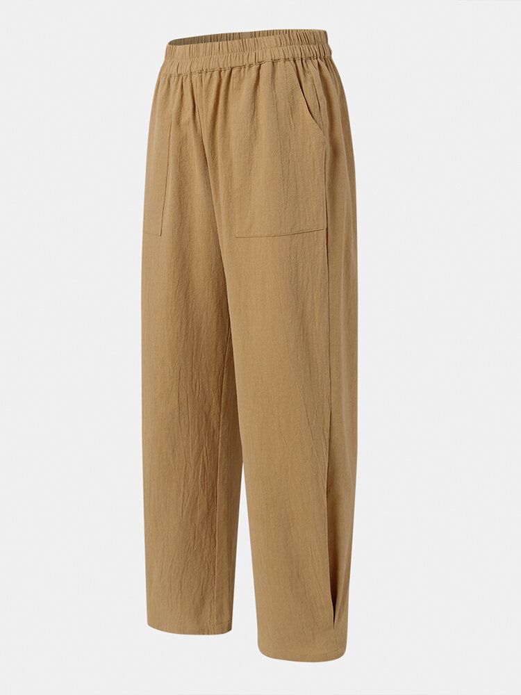 Pantalones De Mujer De Algodón Casual Con Cintura Elástica De Color Sólido