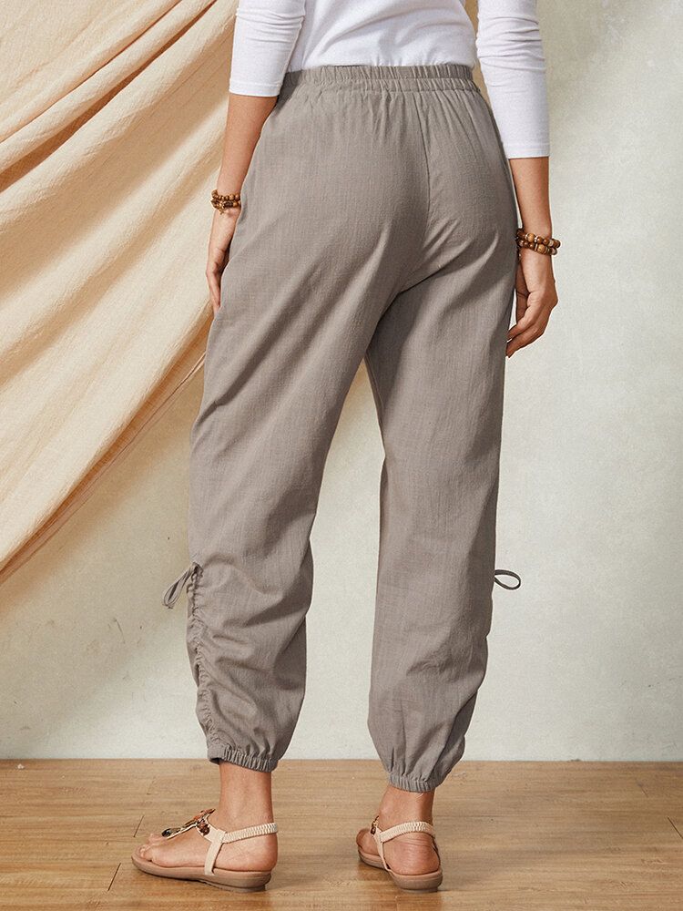 Pantalones De Mujer De Algodón Informal Con Diseño De Cordón De Cintura Elástica De Bolsillo De Color Sólido