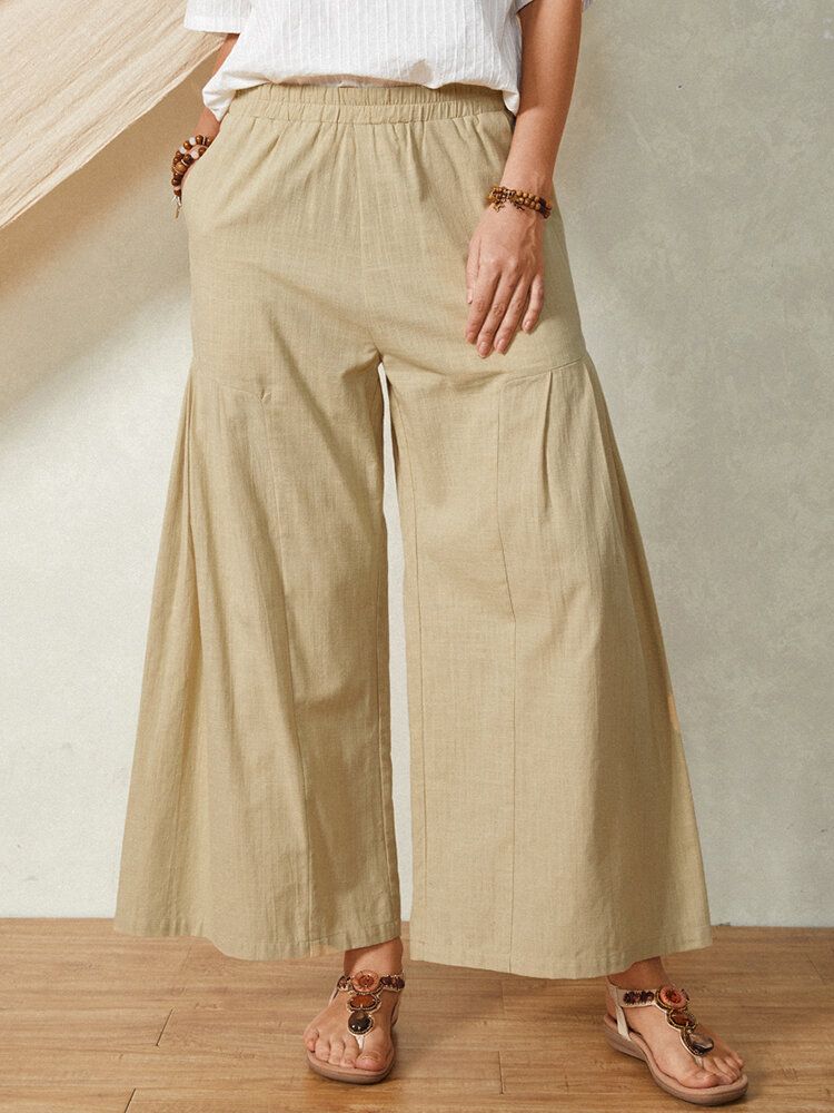 Pantalones De Mujer De Pierna Acampanada De Algodón Informal Con Cintura Elástica De Bolsillo De Color Sólido