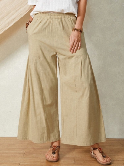 Pantalones De Mujer De Pierna Acampanada De Algodón Informal Con Cintura Elástica De Bolsillo De Color Sólido