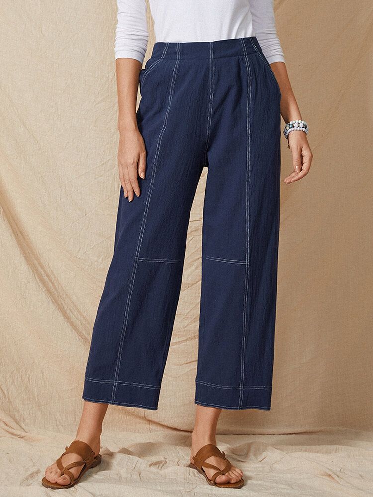 Pantalones De Mujer Sueltos De Pierna Recta De Algodón Informal Con Cintura Elástica De Color Sólido