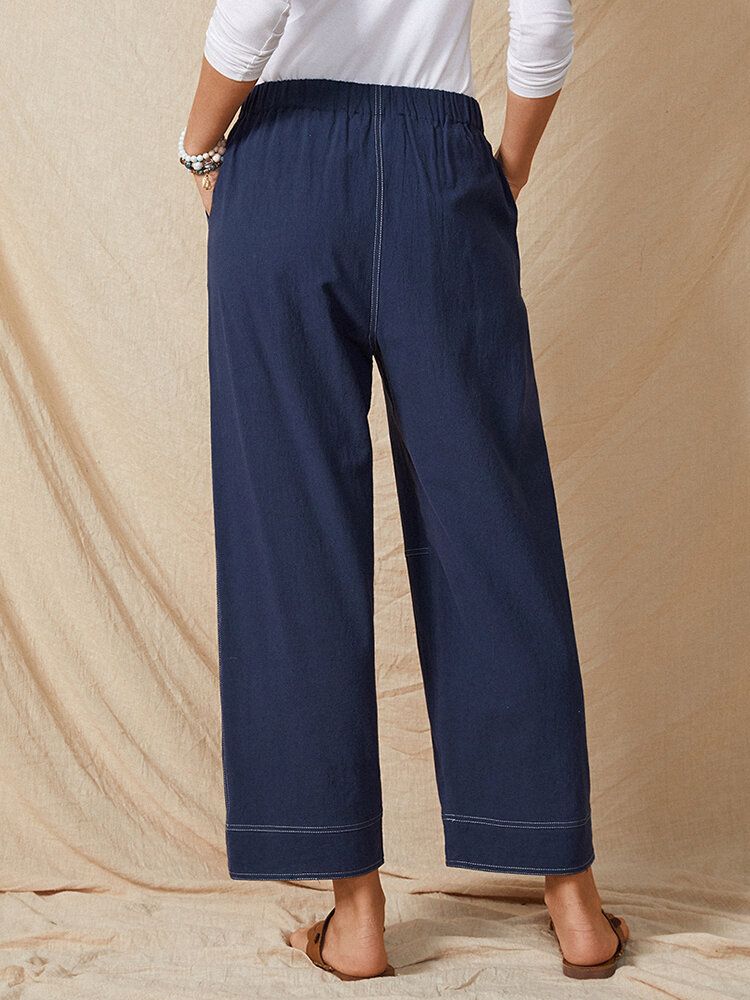 Pantalones De Mujer Sueltos De Pierna Recta De Algodón Informal Con Cintura Elástica De Color Sólido