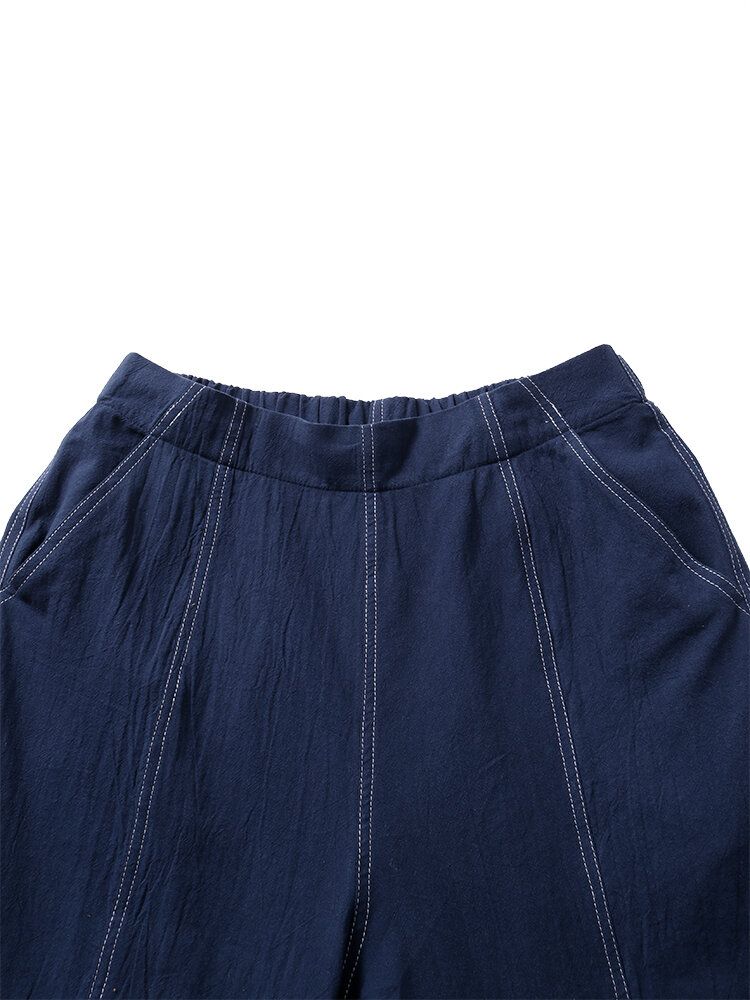 Pantalones De Mujer Sueltos De Pierna Recta De Algodón Informal Con Cintura Elástica De Color Sólido