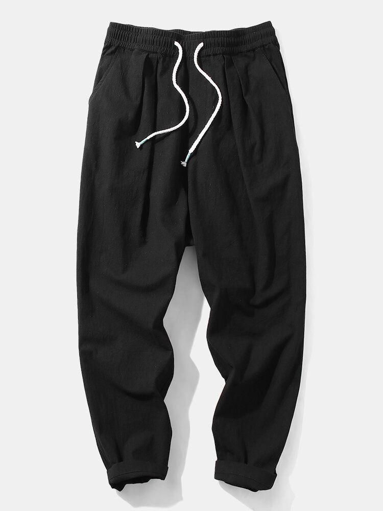 Pantalones Negros Con Cordón De Ajuste Relajado 100% Algodón De Color Sólido Para Hombre