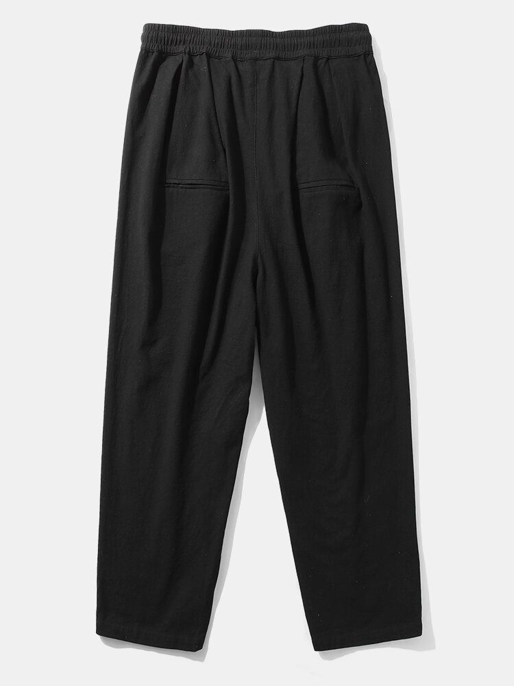 Pantalones Negros Con Cordón De Ajuste Relajado 100% Algodón De Color Sólido Para Hombre