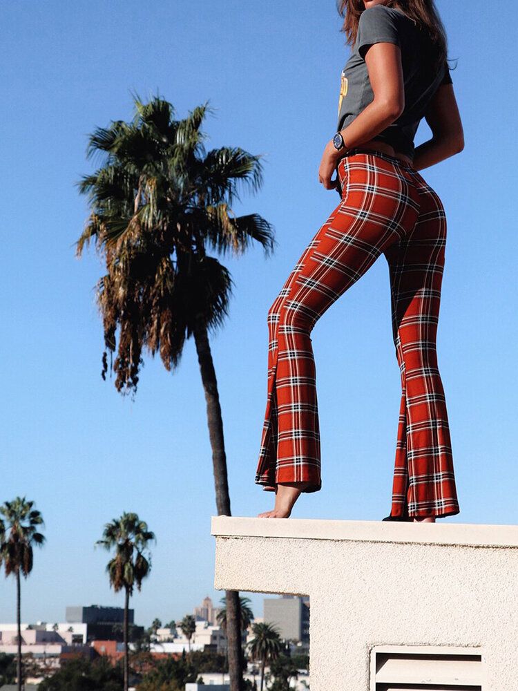 Pantalones De Pierna Acampanada Hasta El Suelo Con Corte Ajustado A Cuadros Vintage Para Mujer